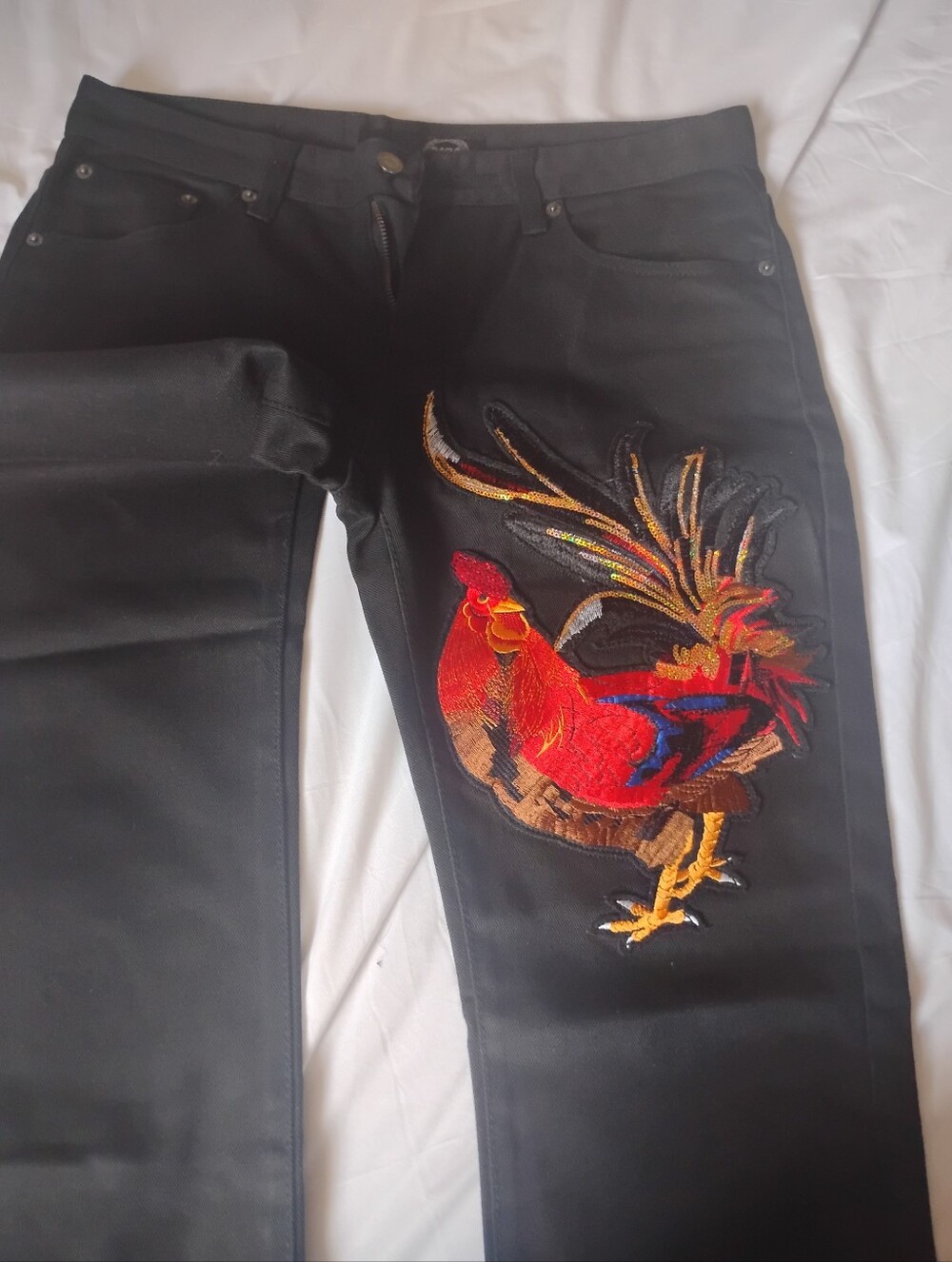 Men's Black Jeans with Embroidered Red Rooster Detail